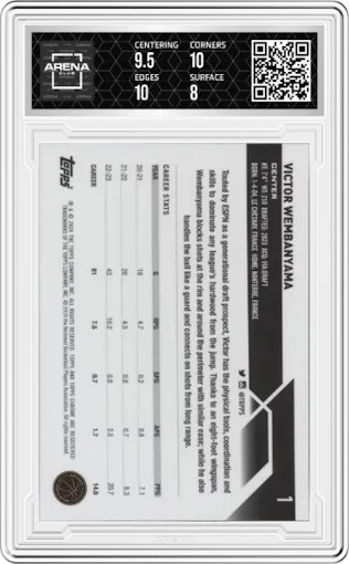 Victor Wembanyama from the 2023-24 Topps Chrome set graded by Arena Club and given an overall grade of 8.5.