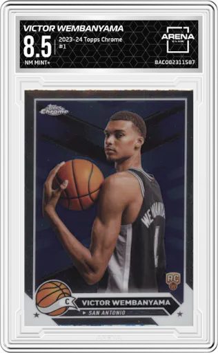 Victor Wembanyama from the 2023-24 Topps Chrome set graded by Arena Club and given an overall grade of 8.5.