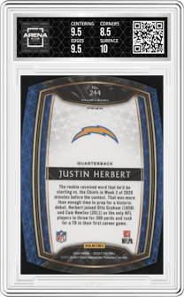 Justin Herbert from the 2020 Panini Select set featuring a Die-Cut Blue Prizm parallel graded by Arena Club and given an overall grade of 9.