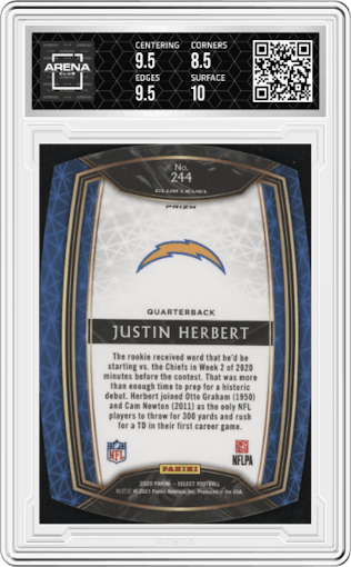 Justin Herbert from the 2020 Panini Select set featuring a Die-Cut Blue Prizm parallel graded by Arena Club and given an overall grade of 9.