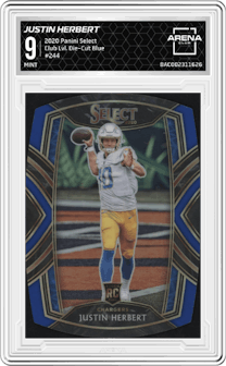 Justin Herbert from the 2020 Panini Select set featuring a Die-Cut Blue Prizm parallel graded by Arena Club and given an overall grade of 9.
