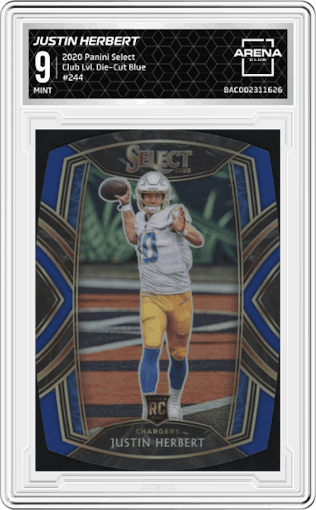 Justin Herbert from the 2020 Panini Select set featuring a Die-Cut Blue Prizm parallel graded by Arena Club and given an overall grade of 9.