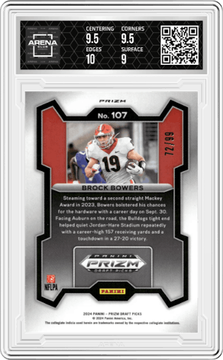 Brock Bowers from the 2024 Panini Prizm Draft Picks set featuring a Blue Ice parallel graded by Arena Club and given an overall grade of 9.5.