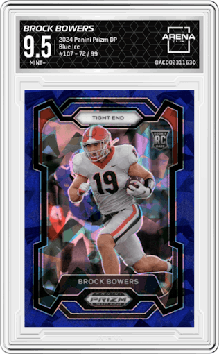 Brock Bowers from the 2024 Panini Prizm Draft Picks set featuring a Blue Ice parallel graded by Arena Club and given an overall grade of 9.5.