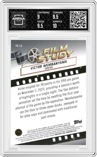 Victor Wembanyama from the 2023-24 Topps Chrome set featuring a Pink Refractor parallel graded by Arena Club and given an overall grade of 9.5.