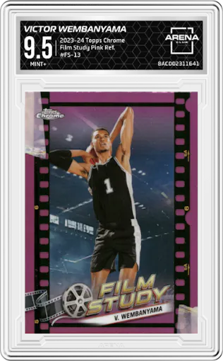 Victor Wembanyama from the 2023-24 Topps Chrome set featuring a Pink Refractor parallel graded by Arena Club and given an overall grade of 9.5.