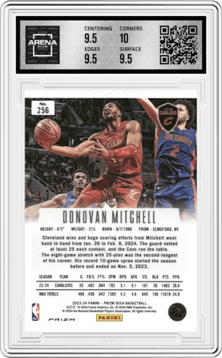 Donovan Mitchell from the 2023-24 Panini Prizm Deca set featuring a Orange Prizm parallel graded by Arena Club and given an overall grade of 10.