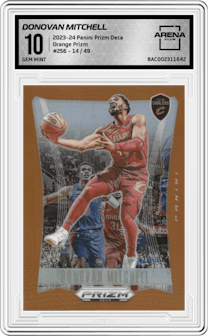 Donovan Mitchell from the 2023-24 Panini Prizm Deca set featuring a Orange Prizm parallel graded by Arena Club and given an overall grade of 10.