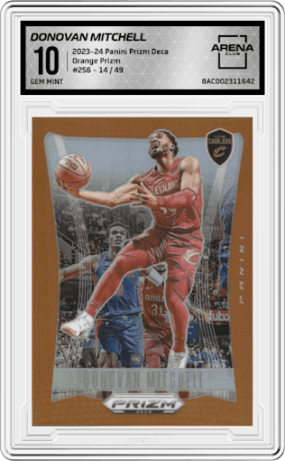 Donovan Mitchell from the 2023-24 Panini Prizm Deca set featuring a Orange Prizm parallel graded by Arena Club and given an overall grade of 10.