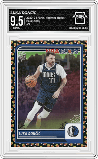 Luka Doncic from the 2023-24 Panini Haunted Hoops set featuring a Holo Candy parallel graded by Arena Club and given an overall grade of 9.5.