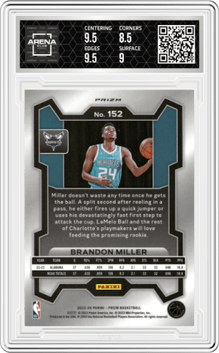 Brandon Miller from the 2023-24 Panini Prizm set featuring a Ice Prizm parallel graded by Arena Club and given an overall grade of 9.