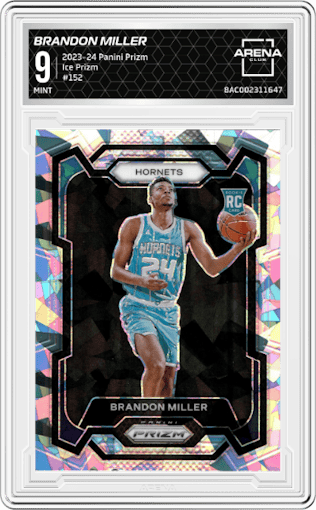 Brandon Miller from the 2023-24 Panini Prizm set featuring a Ice Prizm parallel graded by Arena Club and given an overall grade of 9.