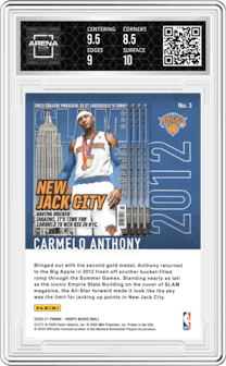 Carmelo Anthony from the 2020-21 Panini NBA Hoops set featuring a Purple Explosion parallel graded by Arena Club and given an overall grade of 9.