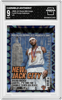 Carmelo Anthony from the 2020-21 Panini NBA Hoops set featuring a Purple Explosion parallel graded by Arena Club and given an overall grade of 9.