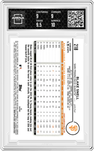 Blake Snell from the 2024 Topps Chrome set featuring a Orange Refractor parallel graded by Arena Club and given an overall grade of 9.5.
