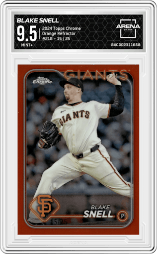 Blake Snell from the 2024 Topps Chrome set featuring a Orange Refractor parallel graded by Arena Club and given an overall grade of 9.5.