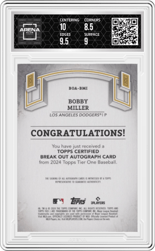 Bobby Miller from the 2024 Topps Tier One  set featuring a Green Foil parallel graded by Arena Club and given an overall grade of 9.