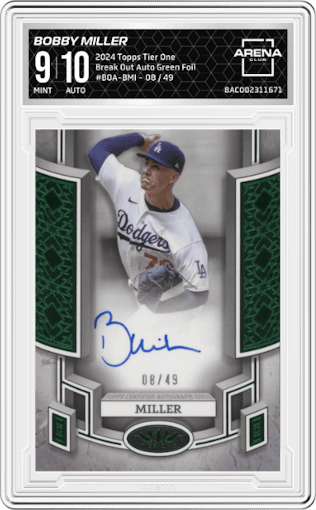 Bobby Miller from the 2024 Topps Tier One  set featuring a Green Foil parallel graded by Arena Club and given an overall grade of 9.