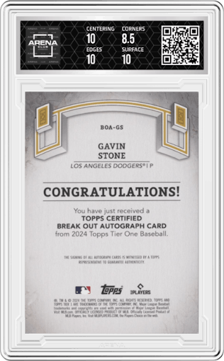 Gavin Stone from the 2024 Topps Tier One  set graded by Arena Club and given an overall grade of 9.