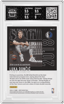 Luka Doncic from the 2020-21 Panini NBA Hoops set featuring a Purple Explosion parallel graded by Arena Club and given an overall grade of 9.5.