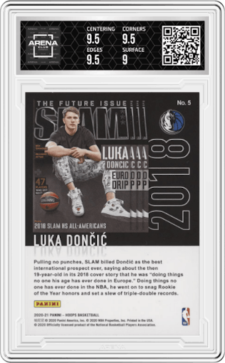 Luka Doncic from the 2020-21 Panini NBA Hoops set featuring a Purple Explosion parallel graded by Arena Club and given an overall grade of 9.5.