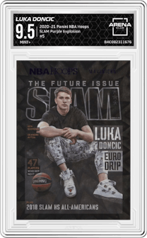 Luka Doncic from the 2020-21 Panini NBA Hoops set featuring a Purple Explosion parallel graded by Arena Club and given an overall grade of 9.5.