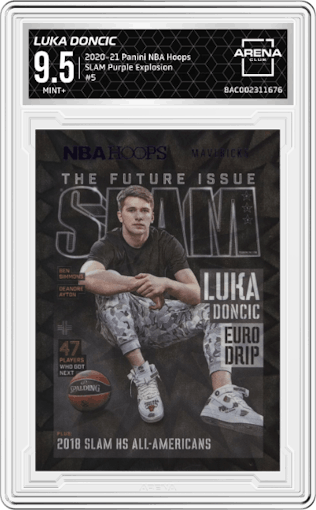 Luka Doncic from the 2020-21 Panini NBA Hoops set featuring a Purple Explosion parallel graded by Arena Club and given an overall grade of 9.5.