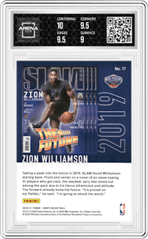 Zion Williamson from the 2020-21 Panini NBA Hoops set featuring a Purple Explosion parallel graded by Arena Club and given an overall grade of 9.5.