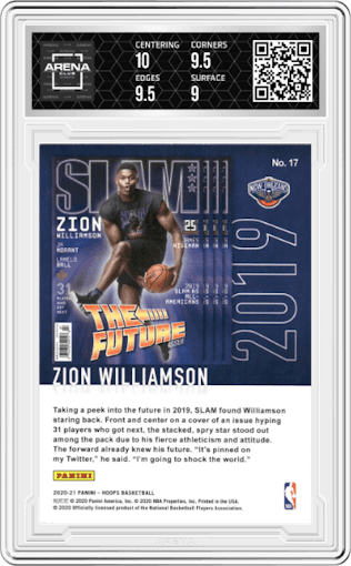 Zion Williamson from the 2020-21 Panini NBA Hoops set featuring a Purple Explosion parallel graded by Arena Club and given an overall grade of 9.5.