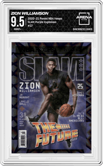 Zion Williamson from the 2020-21 Panini NBA Hoops set featuring a Purple Explosion parallel graded by Arena Club and given an overall grade of 9.5.