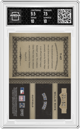 Willie Mays from the 2005 Playoff Prime Cuts set featuring a Century Silver parallel graded by Arena Club and given an overall grade of 8.