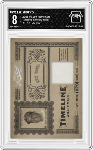 Willie Mays from the 2005 Playoff Prime Cuts set featuring a Century Silver parallel graded by Arena Club and given an overall grade of 8.