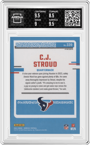 C.J. Stroud from the 2023 Panini Donruss set featuring a Holo parallel graded by Arena Club and given an overall grade of 9.