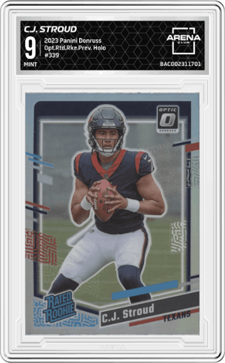 C.J. Stroud from the 2023 Panini Donruss set featuring a Holo parallel graded by Arena Club and given an overall grade of 9.