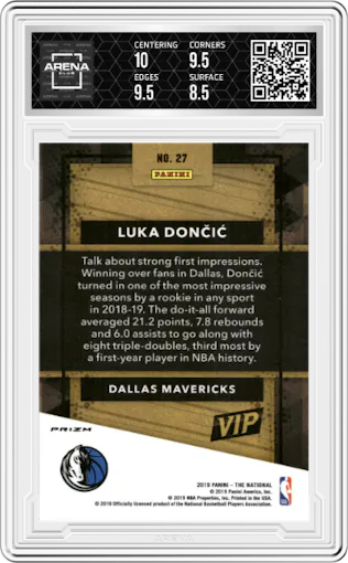 Luka Doncic from the 2019 Panini The National VIP set featuring a Lazer parallel graded by Arena Club and given an overall grade of 9.
