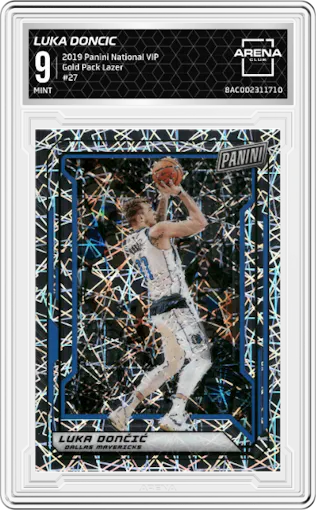 Luka Doncic from the 2019 Panini The National VIP set featuring a Lazer parallel graded by Arena Club and given an overall grade of 9.