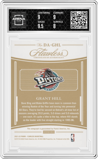 Grant Hill from the 2021-22 Panini Flawless set graded by Arena Club and given an overall grade of 8.5.