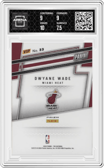 Dwyane Wade from the 2024 Panini The National VIP set featuring a Zebra parallel graded by Arena Club and given an overall grade of 8.