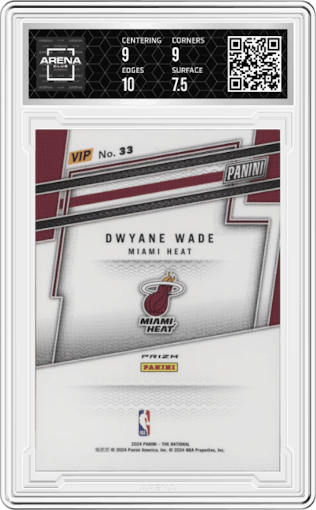 Dwyane Wade from the 2024 Panini The National VIP set featuring a Zebra parallel graded by Arena Club and given an overall grade of 8.