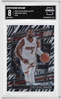 Dwyane Wade from the 2024 Panini The National VIP set featuring a Zebra parallel graded by Arena Club and given an overall grade of 8.