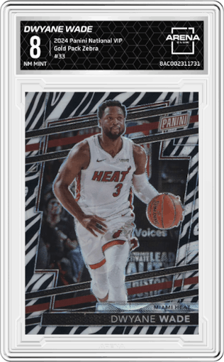 Dwyane Wade from the 2024 Panini The National VIP set featuring a Zebra parallel graded by Arena Club and given an overall grade of 8.