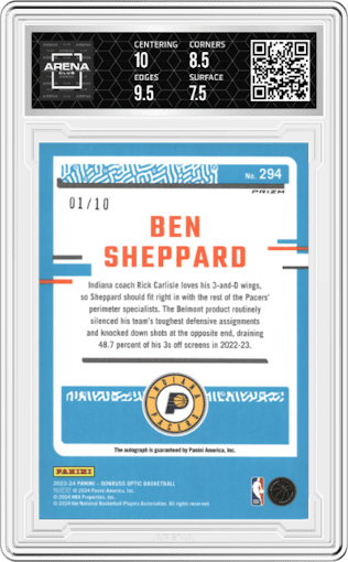Ben Sheppard from the 2023-24 Donruss Optic set featuring a Gold parallel graded by Arena Club and given an overall grade of 8.