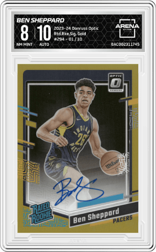 Ben Sheppard from the 2023-24 Donruss Optic set featuring a Gold parallel graded by Arena Club and given an overall grade of 8.