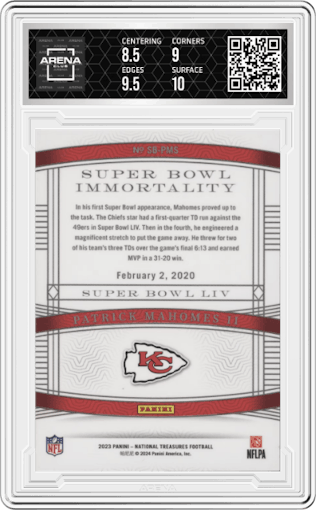 Patrick Mahomes II from the 2023 Panini National Treasures set graded by Arena Club and given an overall grade of 9.