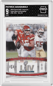 Patrick Mahomes II from the 2023 Panini National Treasures set graded by Arena Club and given an overall grade of 9.