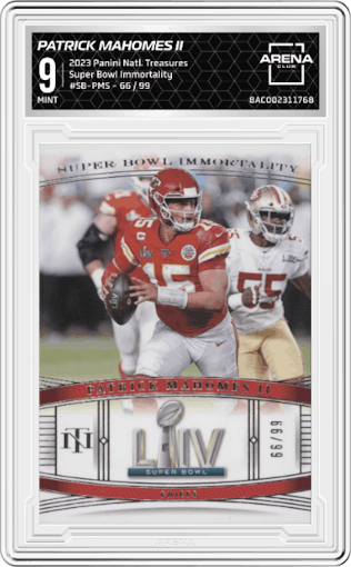 Patrick Mahomes II from the 2023 Panini National Treasures set graded by Arena Club and given an overall grade of 9.