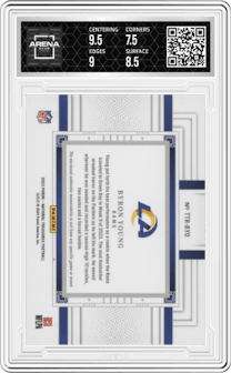 Byron Young from the 2023 Panini National Treasures set featuring a NFL Shield parallel graded by Arena Club and given an overall grade of 8.
