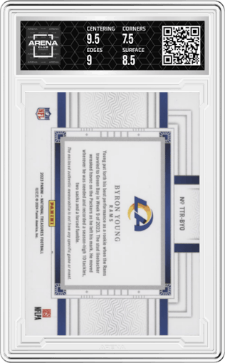 Byron Young from the 2023 Panini National Treasures set featuring a NFL Shield parallel graded by Arena Club and given an overall grade of 8.