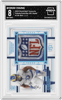 Byron Young from the 2023 Panini National Treasures set featuring a NFL Shield parallel graded by Arena Club and given an overall grade of 8.