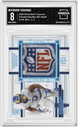 Byron Young from the 2023 Panini National Treasures set featuring a NFL Shield parallel graded by Arena Club and given an overall grade of 8.